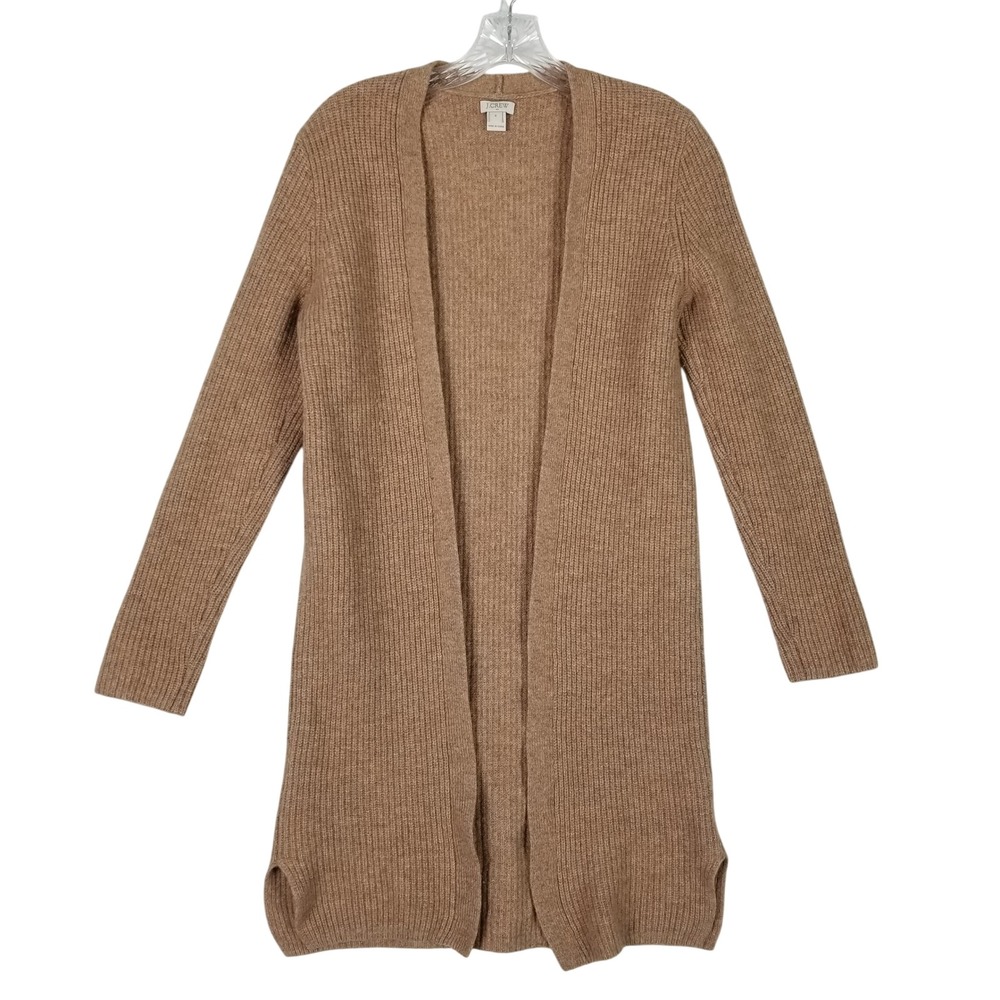J.Crew Cardigan Women Small Camel Brown Lambswool Ribbed Longline Open F7822
